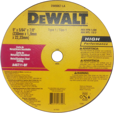 DISCO CORTE DEWALT DW8067-LA METAL/INOX 9X5/64(1.9MM)X7/8" PLANO
