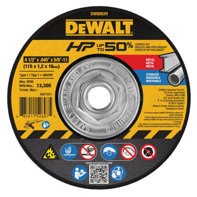 DISCO CORTE DEWALT DW8062H PLANO METAL/INOX 4-1/2X0.045(1.1MM)X7/8" 